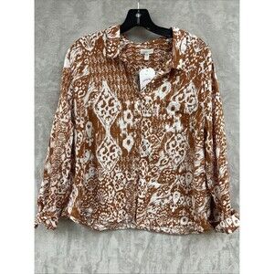 Garnet‎ Hill Linen Top Women's 18 Ikat Burnt Mustard Gold Button Up Collared